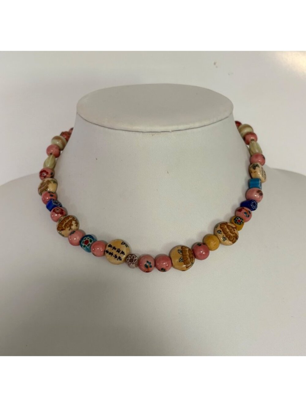 Multicolor Ceramic Beaded Necklace Painted Designs Handmade Boho 16 inch